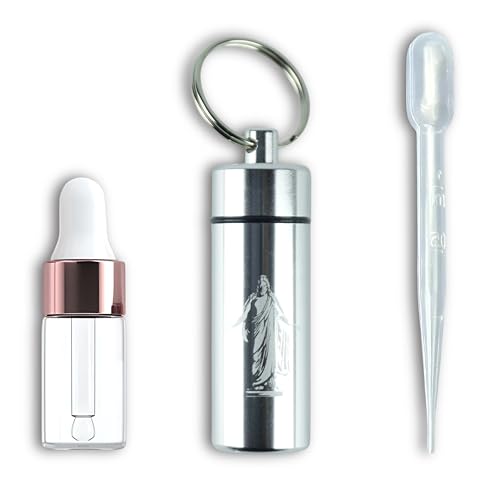 LDS Oil Vial Keychain, Engraved Christus, Glass Dropper Bottle, Round Top