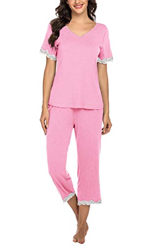 Hotouch Ladies Pjs Set Lace Vneck Short Sleeve Loungewear Pajamas Set Misty Rose M