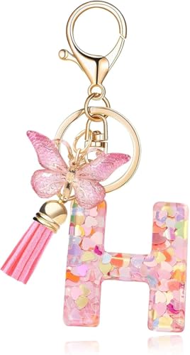 Image of GEOCARTER Lightweight Fashion Initial Letter Key Ring with Butterfly Pendant & Tassel, Stylish Purse Charm for Handbags, Car Keys, Gifts for Girls & Women