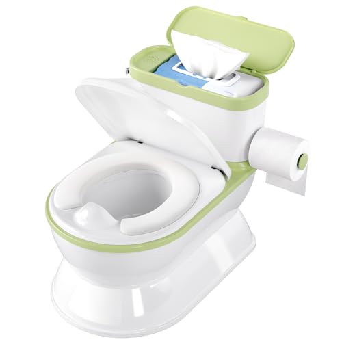 Image of CheerTry 2-in-1 Toddler Potty Training Toilet - Larger Potty Chair & Detachable Training Seat for Boys & Girls Ages 1-3 with Flushing Sound, Wipes Storage, Toilet Paper Holder - Green