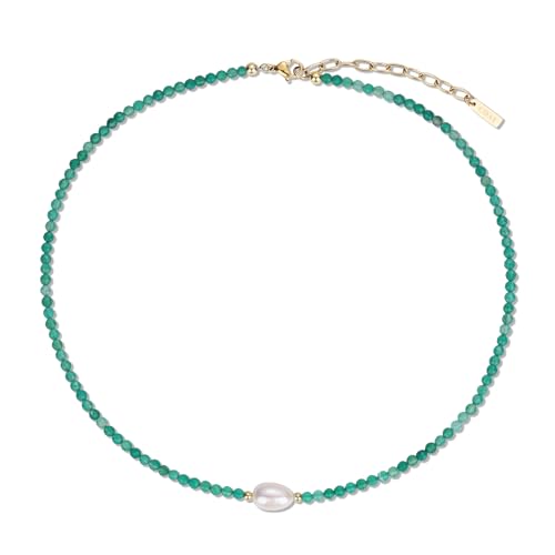 COAI Frauen Perlenkette aus 3 mm facettierten Grünen Achat Perlen und 11x8 mm natürlichen Süßwasserperlen Charm für Damen