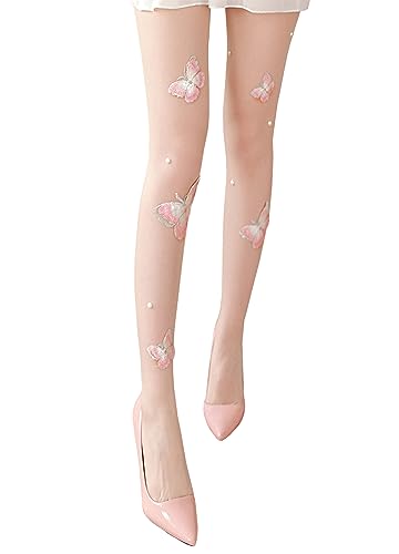 Erinaco Women Sexy Butterfly Embroidery Pantyhose High Waist Patterned Tights 3D Control Top Stockings Leggings Nude