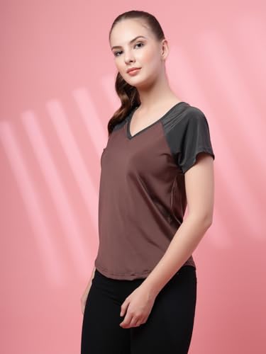 Image of UZARUS Women's V-Neck Regular Fit Gym T-Shirt | Soft Lightweight & Stretchable Fabric | Activewear Top for Workout Yoga Running Exercise Casual Wear