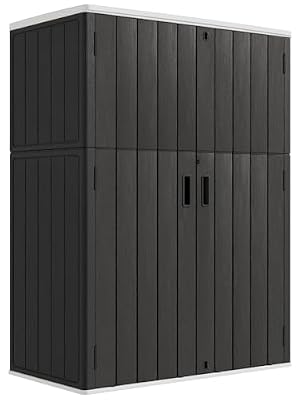 KINYING Outdoor Storage Cabinet Waterproof, 57 Cu.ft Resin Vertical Outdoor Storage Shed for Patio Furniture, Garden Tools, Pool Accessories, Mower Storage (Black)