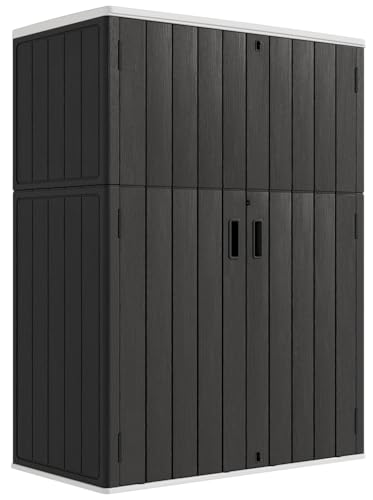 KINYING Outdoor Storage Cabinet Waterproof, 57 Cu.ft Resin Vertical Outdoor Storage Shed for Patio Furniture, Garden Tools, Pool Accessories, Mower Storage (Black)