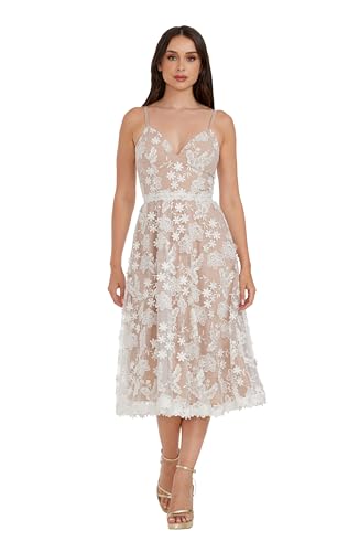 Dress the Population Womens Tahani Plunge Neckline Fit and Flare Midi, White/Nude, X-Large US