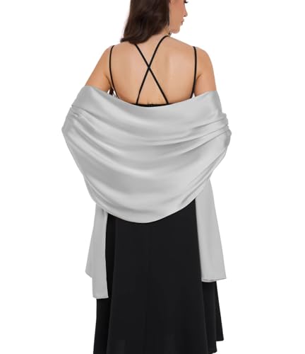 Fttyeiby Shawls and Wraps for Evening Dresses Satin Shawl Wraps for Women Wedding Formal Shawl Silver