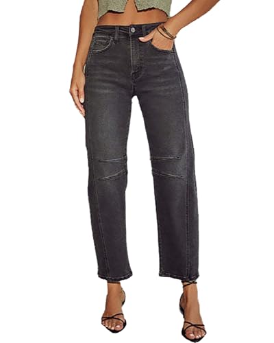 Barrel Jeans for Women Trendy Mid Rise Stretchy Loose Fit Washed Distressed Straight Leg Denim Pants