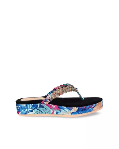 Image of ZAPATOZ Women's Floral Platform Sandals with Braided Gold Embellishment, Black Velvet Thong Slippers, Printed Sole Design