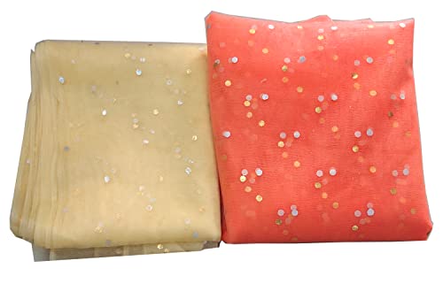 Image of Dual Color Combo of 42inch Width Dotted Mesh Net Fabric for Decoration, Fruit /Dryfruit /Gift Packing & Trousseau Tray Packing (5 Meter Each Color, Golden & Peach)
