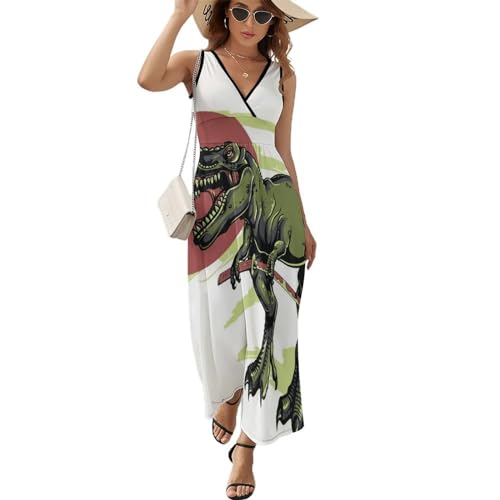 Robe longue d'été dinosaure sans manches chic pour flânerie et plage