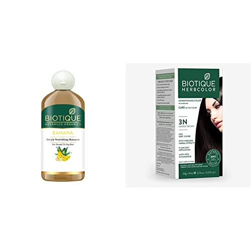 Biotique Banana Deeply Nourishing Hair Shampoo for Normal to Dry Hair, 300ml & Biotique Bio Herbcolor Conditioning Hair Color, 50g + 110ml – Darkest Brown 3N (Pack of 1)