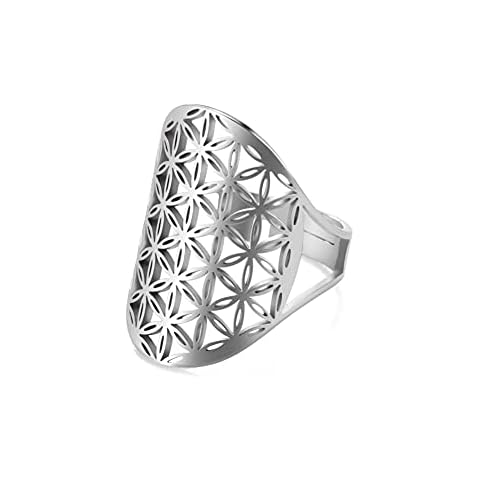 TEAMER Resizable Archangel Metatron Stainless Steel Rings Adjustable Flower of Life Jewelry for Women girls, Stainless Steel, unknow, Silver-Style B Cover