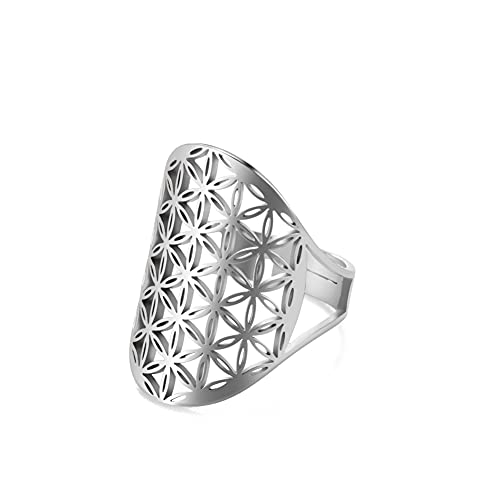kkjoy Bague Fleur de Vie Ajourée en Acier Inoxydable Anneaux de Doigt Ouverts et Ajustables Bague de Promesse Cadeau pour Femme