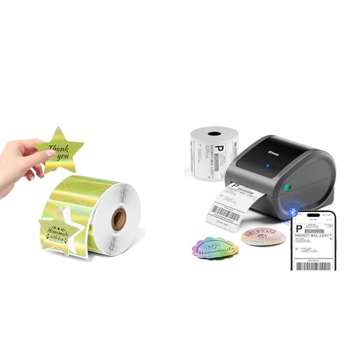 Image of Bluetooth Shipping Label Printer with 1 Roll Labels & 500 Sheets 3 Inch Golden Star Holographic Thermal Labels, Compatible with USPS, Tiktok, Amazon