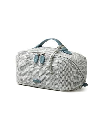Image of EACHY Travel Makeup Bag, Woven Travel Toiletry Bag, Portable 180 Wide-Open Flat Cosmetic Bags for Women, Large Capacity Makeup Pouch with Divider and Handle