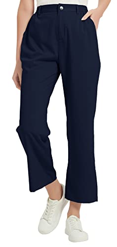 JINSHI Pantalon Femme Large Pantalon Zippé Fluide Chic Été Bureau Pantalon Droit Golf Décontracté Taille Haute Elastique Bleu Marine M Cover