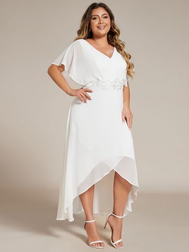 Image of Ever-Pretty Plus Women's V Neck Applique Plus Size Wedding Guest Dress Short Sleeves Maxi Formal Dresses