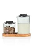 AdHoc MZ08 Milch- und Zucker-Set Impact 3-teilig | Glas grau mit Silikondeckel & Akazienholz-Untersetzer | Hitzebeständiges Borosilikatglas | Spülmaschinengeeignet | Stilvolles Set für Kaffee & Tee