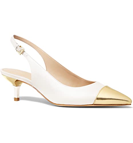 Women's White Pumps Pointed Cap Toe Slingback Kitten Low Heels Wedding Dress Shoes #TOP29