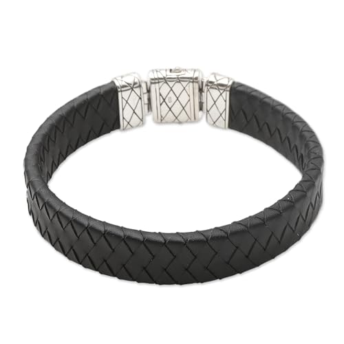 NOVICA Artisan Handmade Men's Leather Sterling Silver Wristband Bracelet Black No Stone Indonesia Modern [bracelet 9 in L x 0.6 in W Fits Wrist Size 8.25 in L] ' Adaptation'4