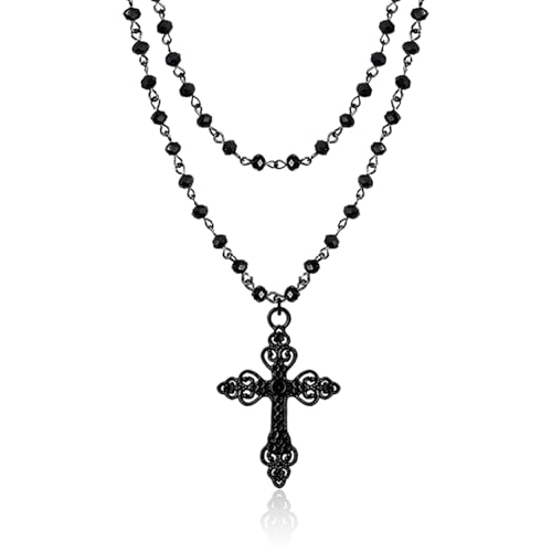 QLYOVWE Gothic Cross Necklace for Women Fashion Vintage Black Cross Pendant Necklace Multi-layered Y2k Gothic Dark Cross Layered Cross Choker Necklace Punk Cool Halloween Jewelry Gifts (Cross)