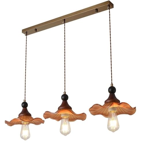 Amber Glass Mushroom Pendant Light with Wood & Brass Accent,