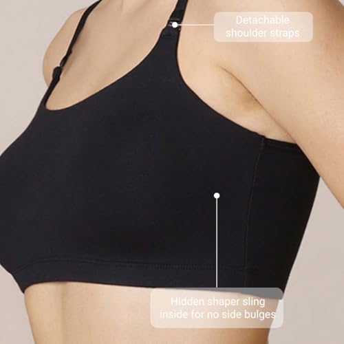 Image of NYKD Easy Breezy Slip-On Bra (Pack of 2) - Black & Carrot (M) | Ultra-Soft, Adjustable Fit, No-Roll Bottom Band, Trendy & Comfortable