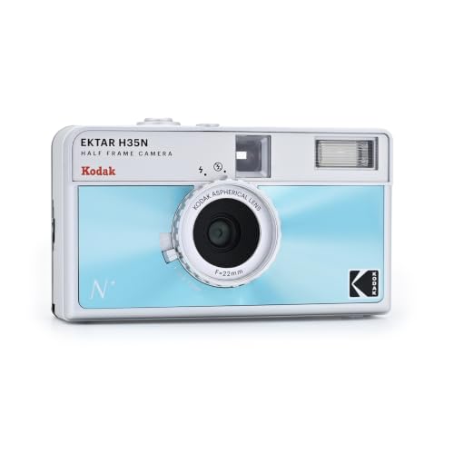 Image of Kodak EKTAR H35N Half Frame Film Camera, 35mm, Reusable, Focus-Free, Bulb Function, Built-in Star Filter, Coated Improved Lens (Film & AAA Battery are not Included) (Glazed Blue) | 22mm Coated Glass and Aspheric Lens, Star Filter and Built-in Flash, Bulb Mode Plus Tripod Mount, 1x Aaa Battery
