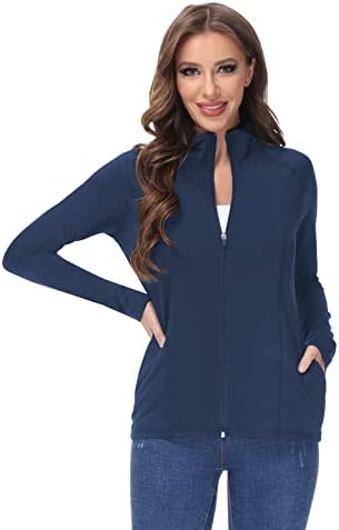 COZZIPLUS Women Workout Zip Up Running Athetic Jacket-Women Stretchy Yoga Zip Top with Thumb Holes and 2 Pockets (Navy,XL)