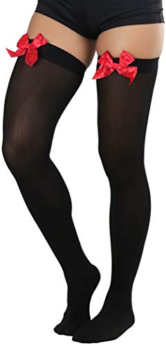 Image of ToBeInStyle Women's Opaque Long Thigh High Stockings w /Decorative Front Satin Bow