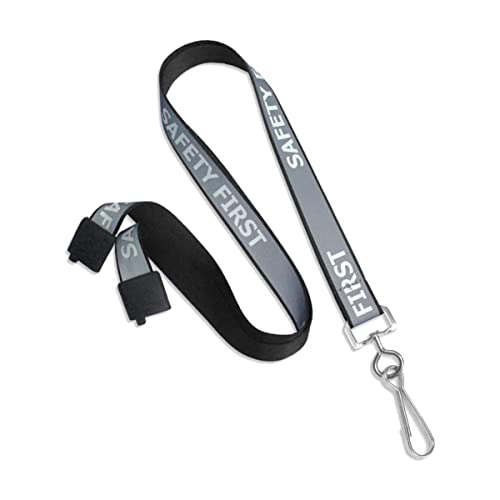 Heavy Duty Reflective Lanyard with Safety First Imprinted - High Visibility Neck Strap Badge and Key Holder with Breakaway Clasp by Specialist ID (Black/Gray)
