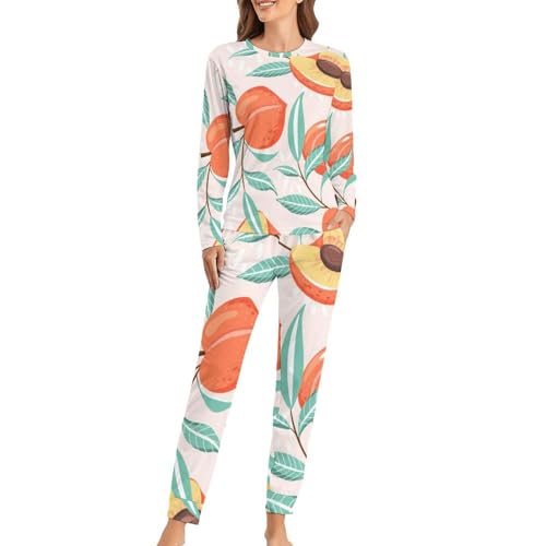 Pyjama Femme Feuille de Fruit Rose Vêtement de Nuit Manches Longues