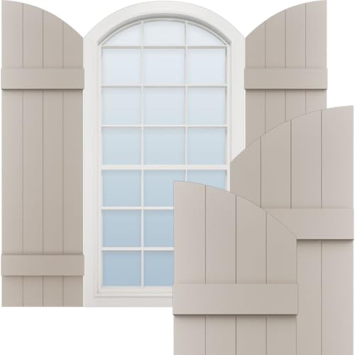 14"W x 53"H (46" Low Side) Lifetime Vinyl, Standard Four Board Joined w/Archtop, Board-n-Batten Shutters, w/Installation Shutter-Lok's & Matching Screws (Per Pair), Clay