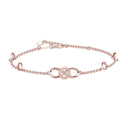 Bracelet de cheville infini pour femme, breloque en argent sterling 925, grand bracelet fin, cadeau de fête des mères, or blanc/plaqué or rose, 8.07 inch, Argent sterling, Zircone cubique