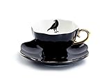 Grace Teaware Raven Black Fine Porcelain Tea Cup and Saucer with Hand Painted Gold Trim Crow,Black White and Gold