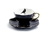 Grace Teaware Raven Black Fine Porcelain Tea Cup and Saucer with Hand Painted Gold Trim Crow,Black...