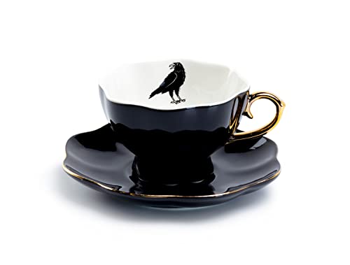 Grace Teaware Raven Black Fine Porcelain Tea Cup and Saucer with Hand Painted Gold Trim Crow,Black White and Gold