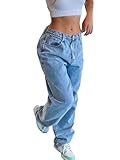 Minetom Damen Jeanshosen Vintage Hohe Taille Straight Jeans Gewaschene Jeans Y2K Mode Denim Hose Baggy Jeans Weites Bein Gerade Denim Hose Lose E-Girl Streetwear Hosen H Blau XS