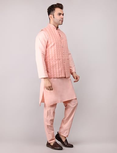 Image of Men's Cotton Silk Blend Regular Kurta Pyjama, Embroidered Nehru Jacket /Waistcoat Set