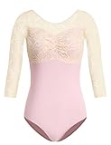 HROYL Women's 3/4 Sleeve Lace Leotards Ballet Dance Gymnastics Bodysuit, Pink-S