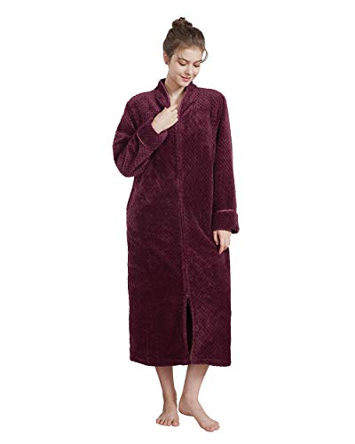 Womens Long Warm Bathrobe Zipper Fleece Plush Housecoat Ladies Pajamas Soft Dress Gown bd 3XL Burgundy