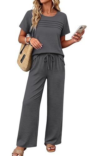 OFEEFAN Women\'s 2 Piece Outfits Summer Linen Wide Leg Pants Matching Lounge Set for Travel Vacation Airport Going Out Resort Wear Casual Fashion Clothing Dressy Suits Short Sleeve Loungewear Grey L