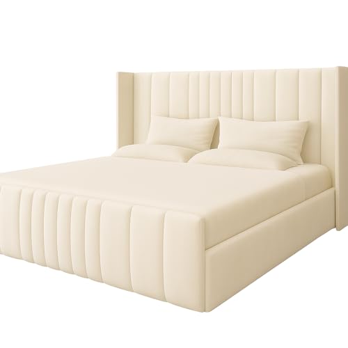 Image of Luxury New Winged Panel Bed Frame Plush Velvet Upholstered Sleigh Bed 5ft king Size Double Uk size (Plush Cream, 4ft small double)