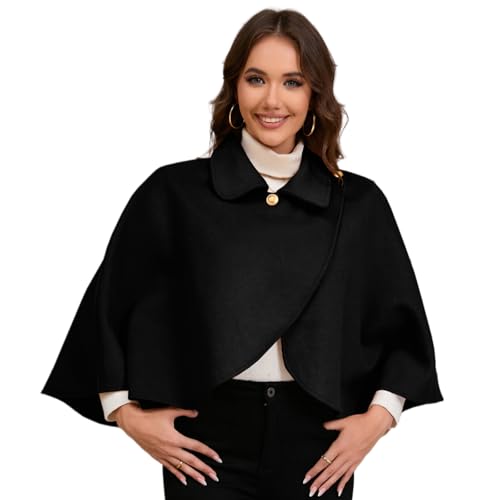 Lapel Collar Shawl Capes Faux Wool Short Cloak Coverup Crosses Wrap Front Sweater Ponchos Elegant Solid Color for Women, Black, as the pic show