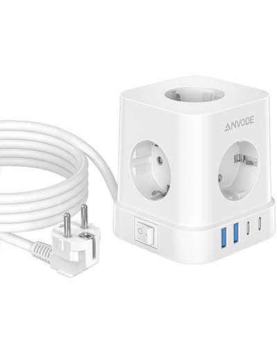 9 in 1 Steckdosenwürfel mit USB C, 5 Fach Mehrfachstecker Steckdose mit Schalter, Steckdosenleiste Überspannungsschutz mit 4 USB, Verteilersteckdose 2M für Zuhause (Weiß)