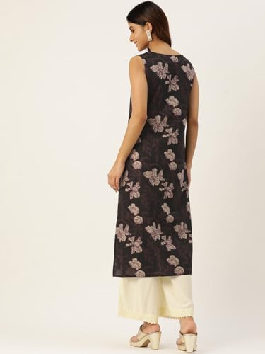 Image of feranoid Women's Pure Cotton Floral Print Straight Kurti | Elegant Curved V-Neck | Sleeveless Calf-Length Ethnic Wear | Comfortable Regular Fit | Sizes XS-XXL