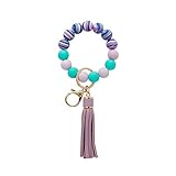 Silicone Bead Tassel Key Ring Bracelet,Titanium Steel Gold Plated Keychain Wristlet with Elastic Ban