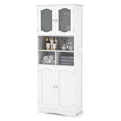 GOPLUS Armario de Baño Alto de 148,5 CM, Gabinete de Almacenamiento Independiente con Puertas, Estantes Ajustables y 3 Compartimentos Abiertos, Organizador de Almacenamiento Estrecho