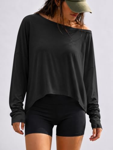 Womens Off The Shoulder Tops Long Sleeve Oversized Workout Flowy T Shirts - image 7